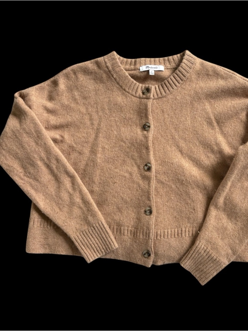 Women's Camel Button-Up Wool Blend Crewneck Cardigan